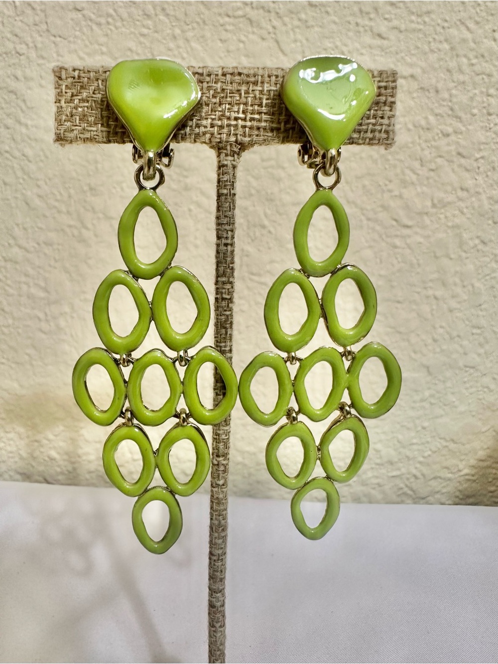 Vintage Lime Green Enamel Drop Chandelier Earrings